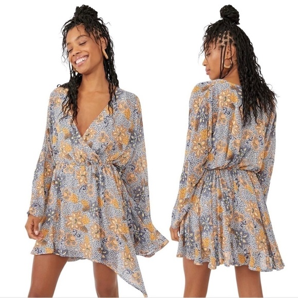 Free People Teegan Floral Long Sleeve Mini Dress Sky Combo Blue NWT $128 Sz XS. - Picture 1 of 8